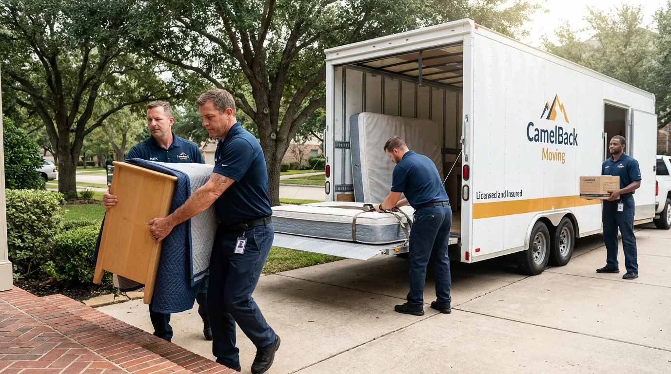 Crew loading residential truck for cross-state move from Castroville, TX