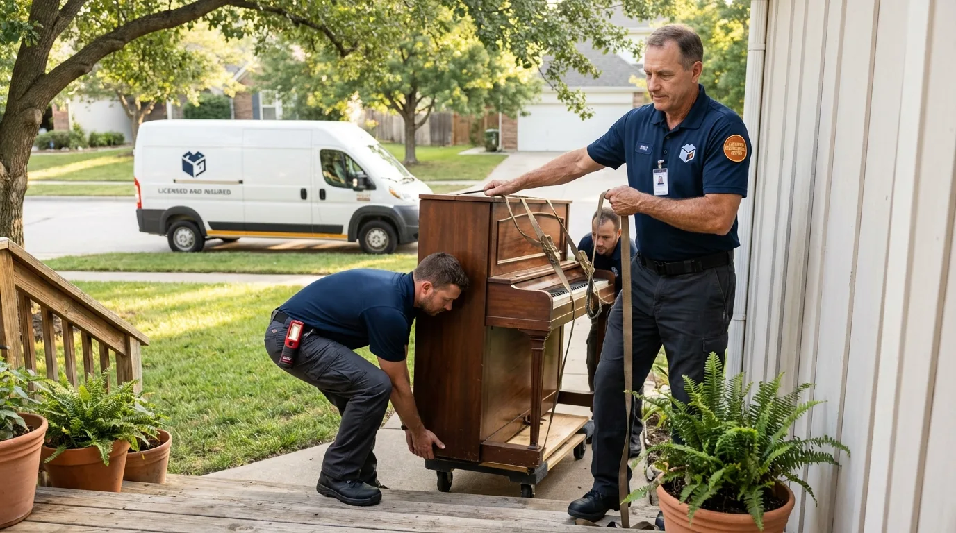 Licensed piano movers securing grand piano in Castroville, TX