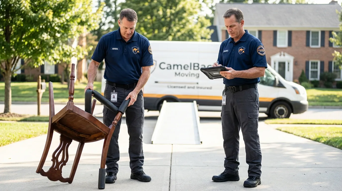 Movers inspecting furniture for damage prevention before loading in Castroville, TX