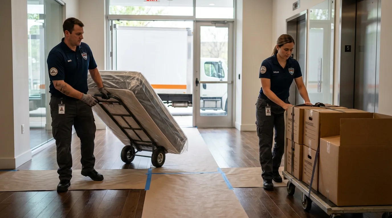 Professional apartment movers loading elevator in Castroville, TX